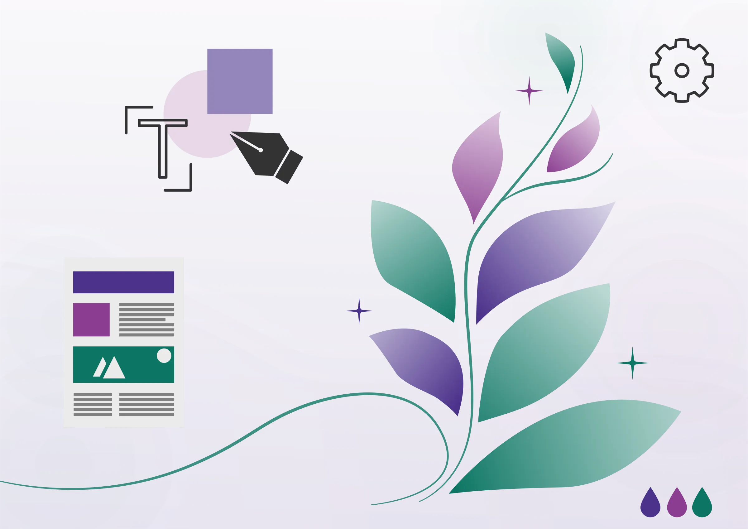 Illustration in den Markenfarben: eine wachsende Pflanze mit grünen und violetten Blättern, dazu Gestaltungssymbole – Zeitungslayout, Zeichenstift, Textwerkzeug und Druckfarben-Tropfen